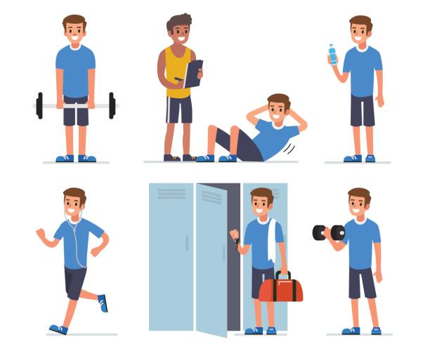 fitness man Fitness man training in gym. Flat style vector illustration isolated on white  background. personal trainer stock illustrations