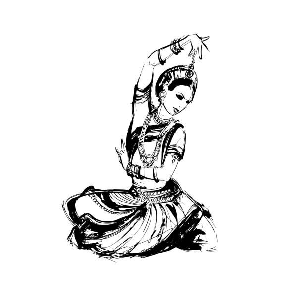 dancer Indian dance vector sketch of dancing girl in an Indian costume, dancer Indian dance bharatanatyam dancing stock illustrations