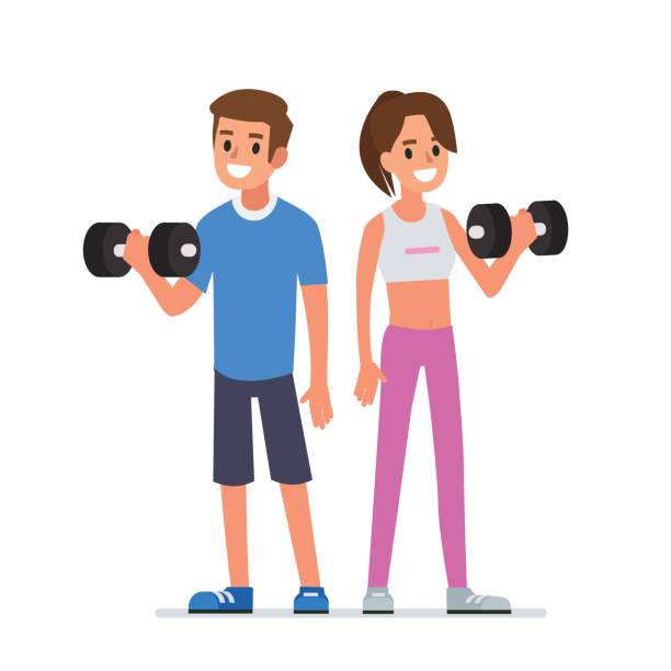 fitness people Fitness man and woman standing with barbell. Flat style vector illustration isolated on white  background. personal trainer stock illustrations