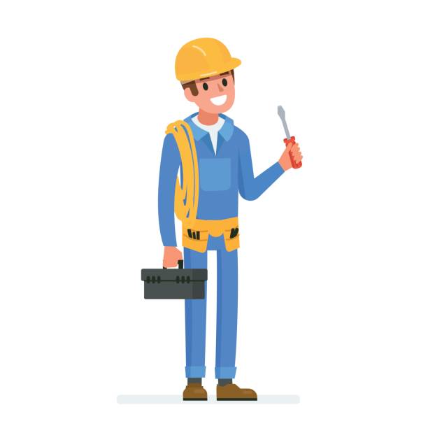 electrician worker Happy electrician worker.  Flat style vector illustration isolated on white background. electrician stock illustrations