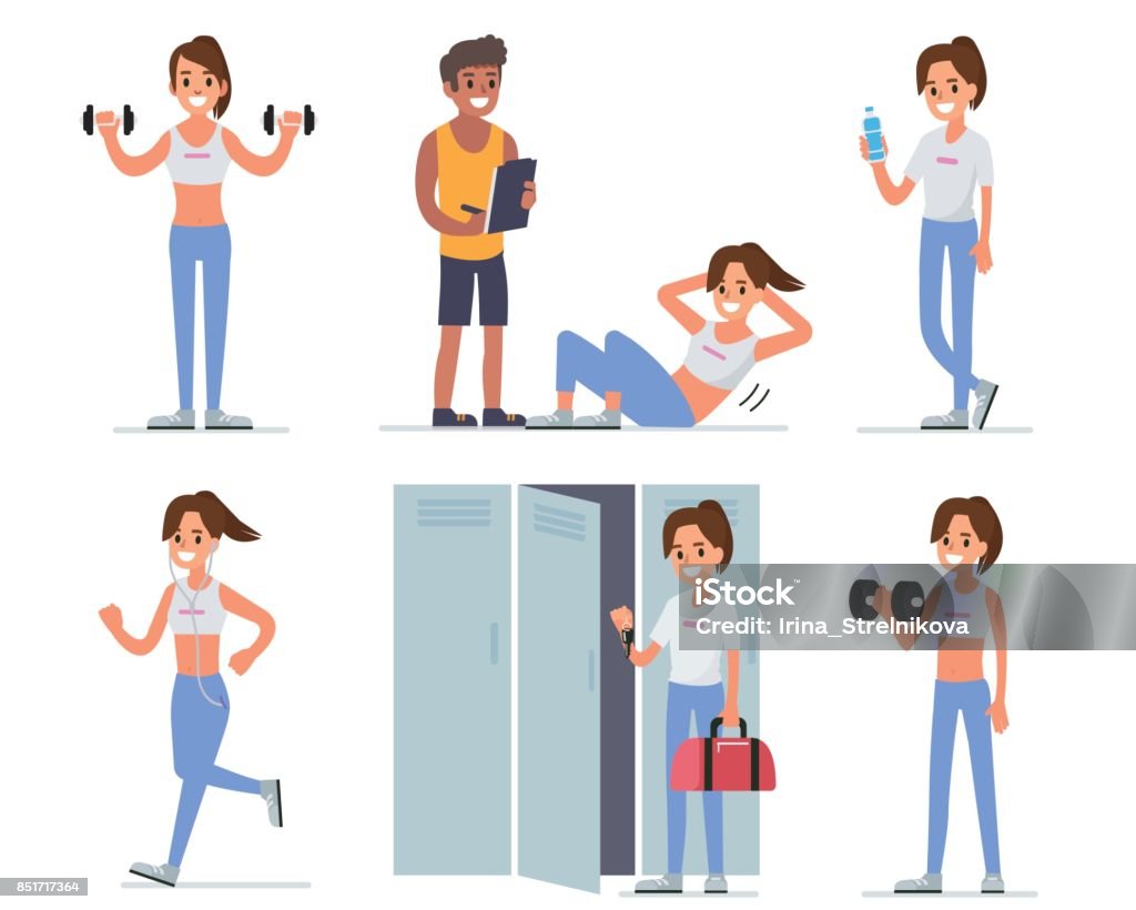 fitness woman Fitness woman training in gym. Flat style vector illustration isolated on white  background. Exercising stock vector