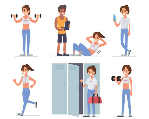 fitness woman Fitness woman training in gym. Flat style vector illustration isolated on white  background. personal trainer stock illustrations