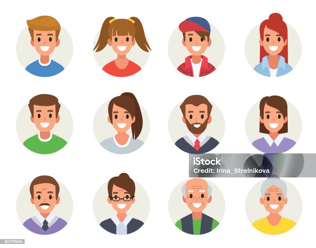 Avatars Males and females different ages avatars. Flat style vector illustration isolated on white  background. Avatar stock vector