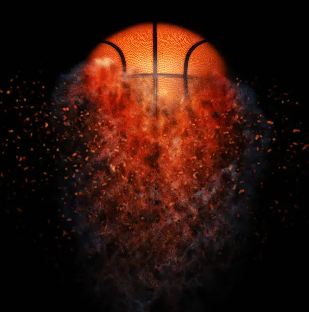 Basketball ball in dispersion and disintegration because of speed. Isolated on black background.