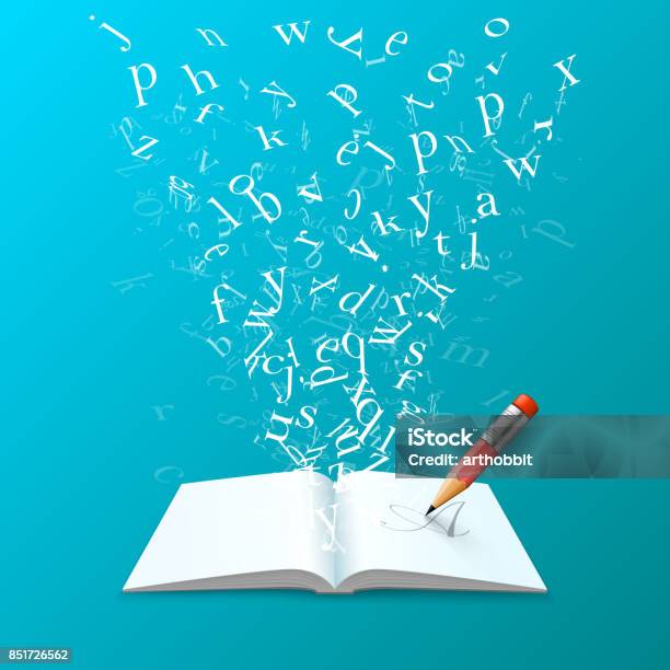 Book With Flying Letters Art Stock Illustration - Download Image Now - Flying, Single Word, Letter - Document