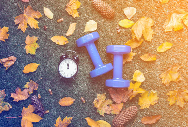 istock Blue dumbbells and autumn leaves with alarm clock 851728848