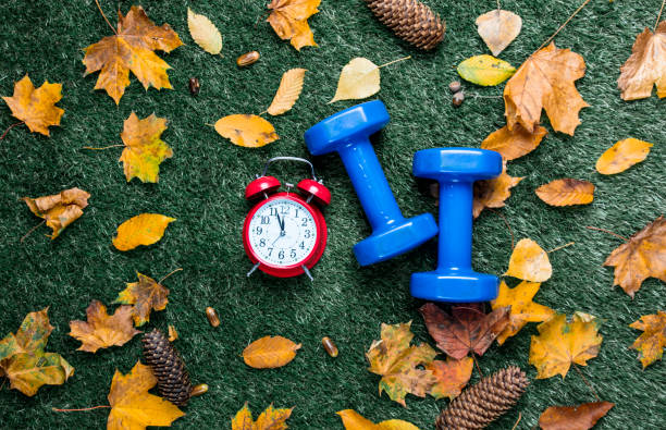 istock Blue dumbbells and autumn leaves with alarm clock 851729404