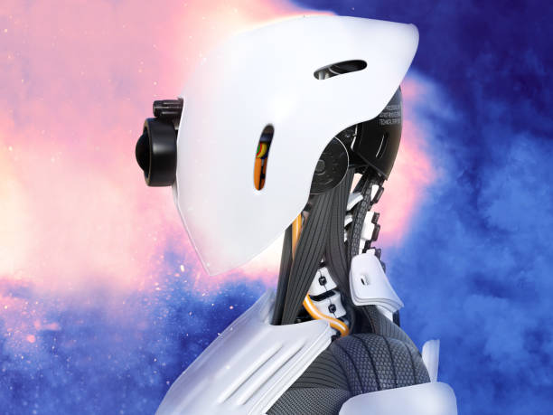 istock 3D rendering of a female android robot head with space background. 851763646