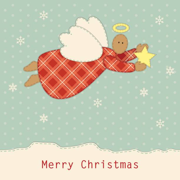 симпатичные старинные лоскутное одеяло рождественский ангел - christmas quilt craft patchwork stock illustrations