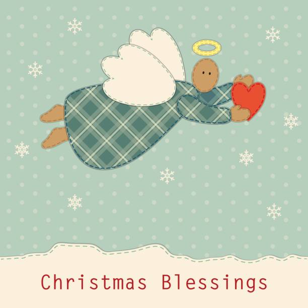 симпатичные старинные лоскутное одеяло рождественский ангел - christmas quilt craft patchwork stock illustrations