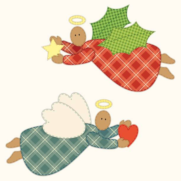 симпатичные старинные лоскутное одеяло рождественский ангел - christmas quilt craft patchwork stock illustrations