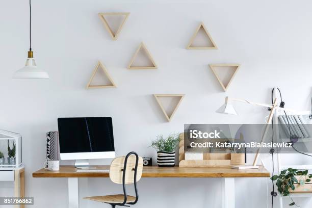 Wooden Geometric Frames On Wall Stock Photo - Download Image Now - Elegance, Office, Scandinavian Descent