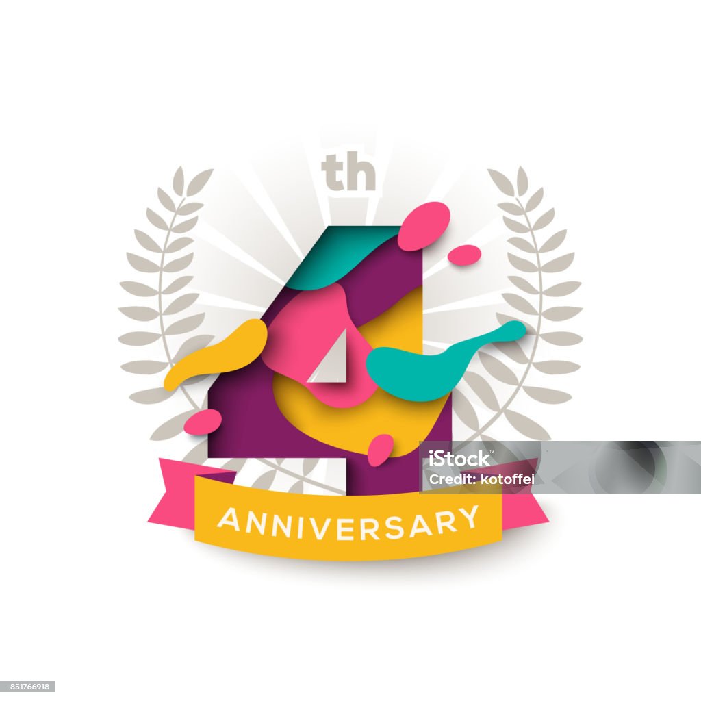 Four years anniversary Four years anniversary celebration background with abstract paper cut shapes and ribbon isolated on white. Poster, greeting card and brochure template. Vector illustration. Laurel wreath 4-5 Years stock vector