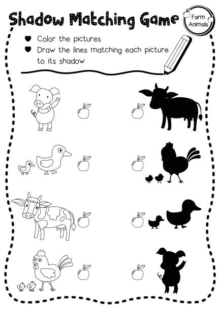 Shadow matching game farm animal coloring page version Shadow matching game of farm animals for preschool kids activity worksheet layout in A4 coloring printable version. Vector Illustration. kid doing homework clip art stock illustrations