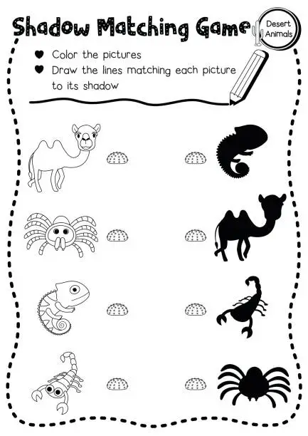 Vector illustration of Shadow matching game desert animal coloring page version