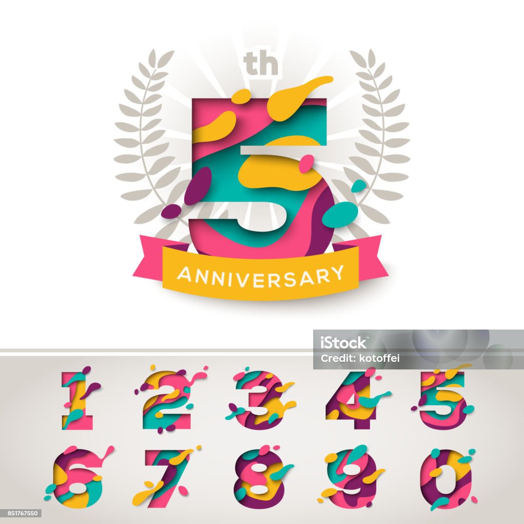 Anniversary celebration signs Anniversary icon celebration signs with abstract papercut shapes, laurel wreath and ribbon, set of numbers in trendy paper cut style. Vector illustration. Design for poster, greeting card or brochure 10-11 Years stock vector