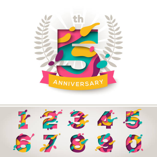 Anniversary celebration signs Anniversary icon celebration signs with abstract papercut shapes, laurel wreath and ribbon, set of numbers in trendy paper cut style. Vector illustration. Design for poster, greeting card or brochure 6 7 years stock illustrations