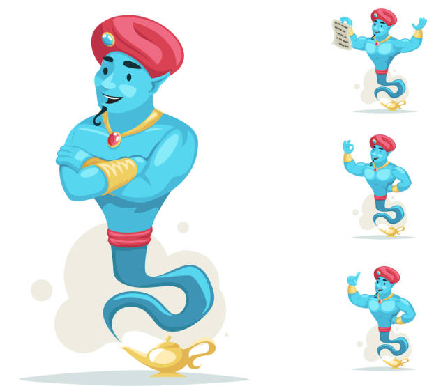 istock Arabian genie turban magic lamp smoke cartoon characters set wish vector illustration 851775810