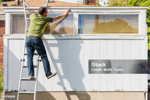 Man Reaching To Paint White Trim On Ladder Stock Photo - Download Image Now - Ladder, Danger, Falling