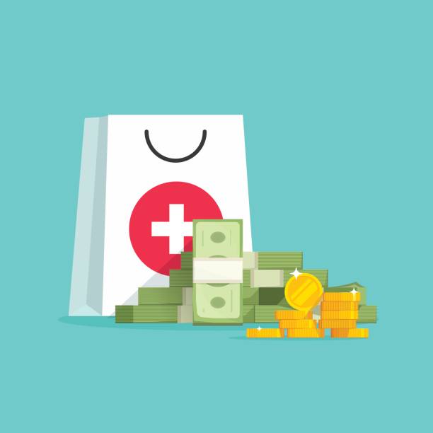 Medicine and money vector concept illustration, flat cartoon money pile and medical or pharmacy bag, expensive medical care, big spendings on drugs prescription Medicine and money vector concept illustration, flat cartoon money pile with medical or pharmacy bag, expensive medical care, big spendings on drugs prescription impulse shopping stock illustrations