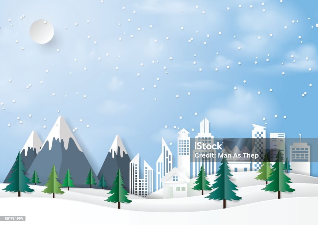 Fond d’art papier hiver paysage urbain - clipart vectoriel de Ville - Milieu urbain libre de droits