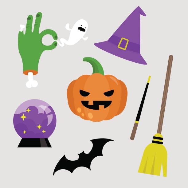 ilustraciones, imágenes clip art, dibujos animados e iconos de stock de paquete de la etiqueta engomada de halloween. conjunto de iconos de halloween. calabaza, palo de escoba, sombrero de bruja, mano zombie, fantasma, murciélago, varita mágica y bola de cristal - witchs hat costume witch holidays and celebrations