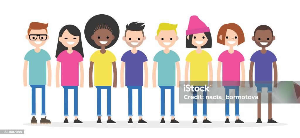 Jeu de caractères portaient des t-shirts colorés. Illustration conceptuelle de la diversité. Groupe multiracial de jeunes gens. Plat de caractères modifiables, clip art - clipart vectoriel de Personne humaine libre de droits