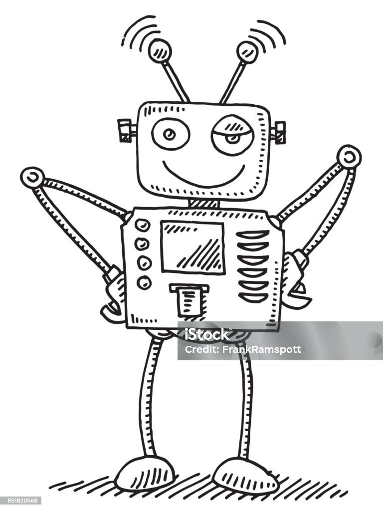 Cute Robot Ready Drawing Hand-drawn vector drawing of a Cute Robot, ready to take orders. Black-and-White sketch on a transparent background (.eps-file). Included files are EPS (v10) and Hi-Res JPG. Robot stock vector