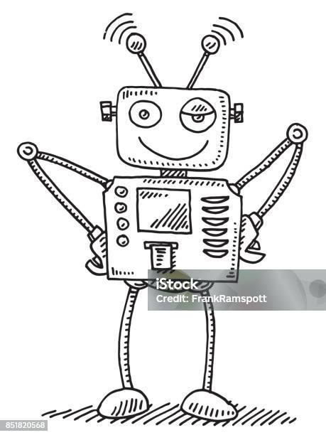 Cute Robot Ready Drawing Stock Illustration - Download Image Now - Robot, Drawing - Art Product, Sketch