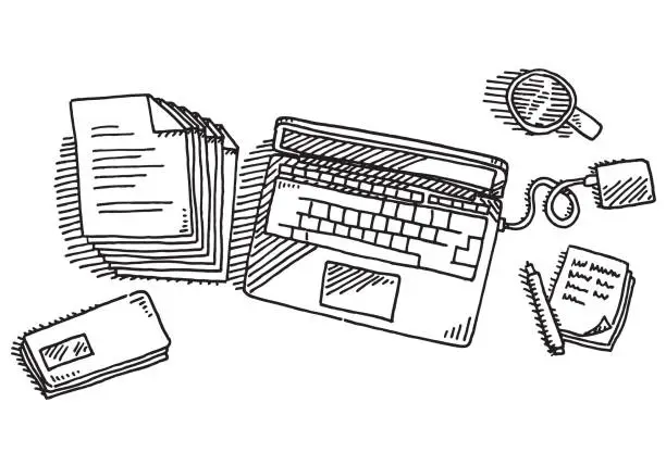 Vector illustration of Office Workspace Laptop Overhead View Drawing