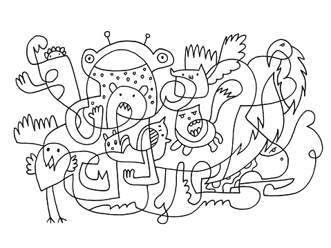 Abstract Funny Doodle Animals Drawing