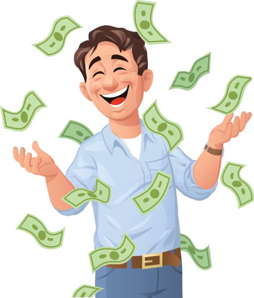 Money Raining Down On Man Money raining down on a happy young man, isolated on white. Vector illustration. Concept for luck, wealth, richness and financial success. pennies from heaven stock illustrations
