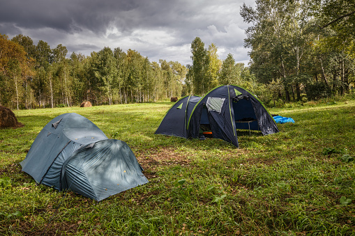 Two tourist tents in the forest glade