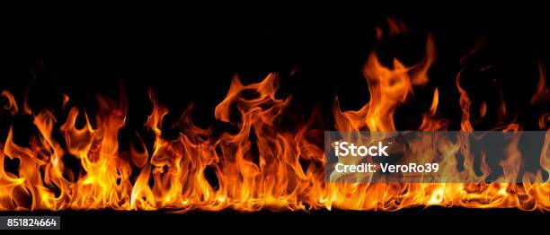 Texture Of Fire On A Black Background Stock Photo - Download Image Now - Fire - Natural Phenomenon, Shooting a Weapon, Flame