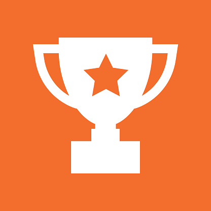 Trophy cup flat vector icon. Simple winner symbol. White illustration isolated on orange background.