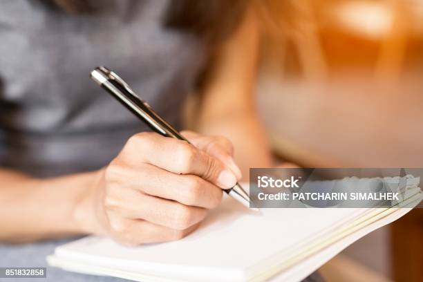 Mujeres Con Un Plumas Escribiendo Un Cuaderno Concepto De Grabación Foto de stock y más banco de imágenes de Escribir