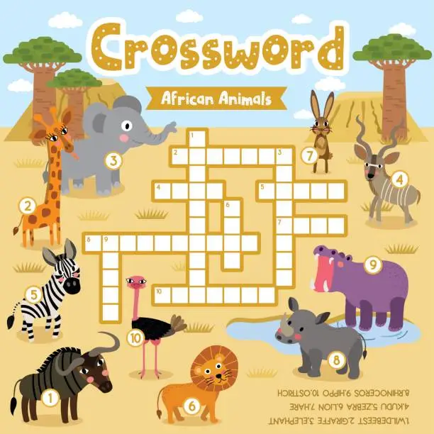 Vector illustration of Crossword puzzle african animals