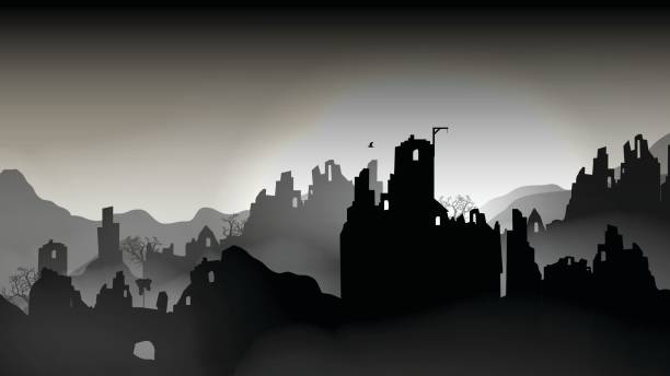 ilustraciones, imágenes clip art, dibujos animados e iconos de stock de ciudad destruida, edificios en ruina - ilustración vectorial - en ruinas
