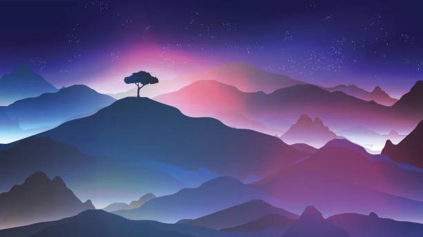 Starry Night in the Mountains with a Lone Tree - Vector Illustration vector art illustration