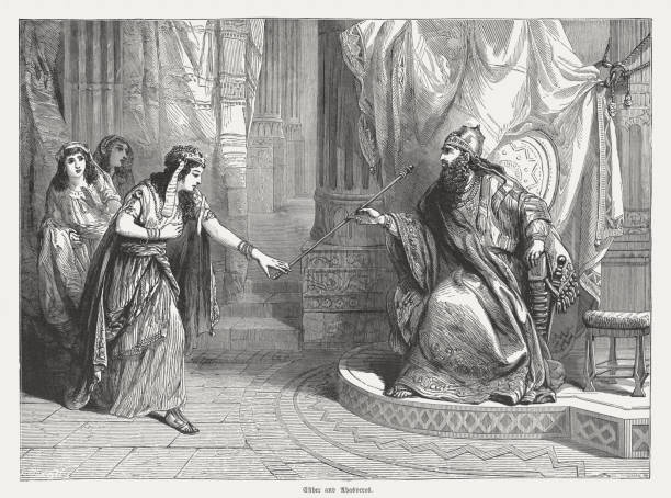 Esther goes to the king Ahasveros, wood engraving, published 1886 So it was, when the king saw Queen Esther standing in the court, that she found favor in his sight, and the king held out to Esther the golden scepter that was in his hand. Then Esther went near and touched the top of the scepter (Esther 5, 2). Wood engraving, published in 1886. esther bible stock illustrations