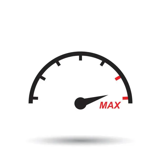 Vector illustration of Max speed icon. Flat vector illustration. Speedometer, tachometer sign symbol with shadow on white background.