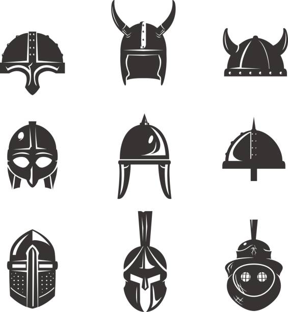 ilustraciones, imágenes clip art, dibujos animados e iconos de stock de conjunto de iconos planos de casco de guerrero - templarios