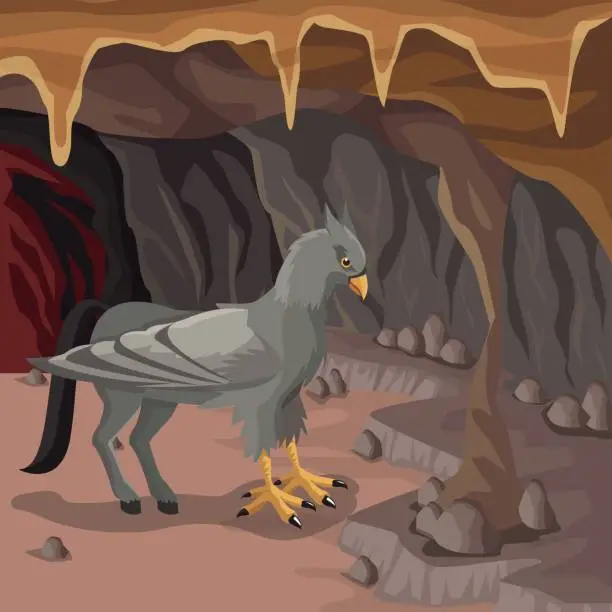 Vector illustration of Cave interior background with hippogriff greek mythological creature