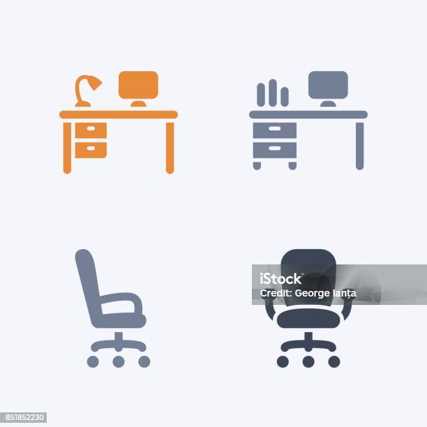 Desks Chairs Carbon Icons Stock Illustration - Download Image Now - Icon Symbol, Office Chair, Desk