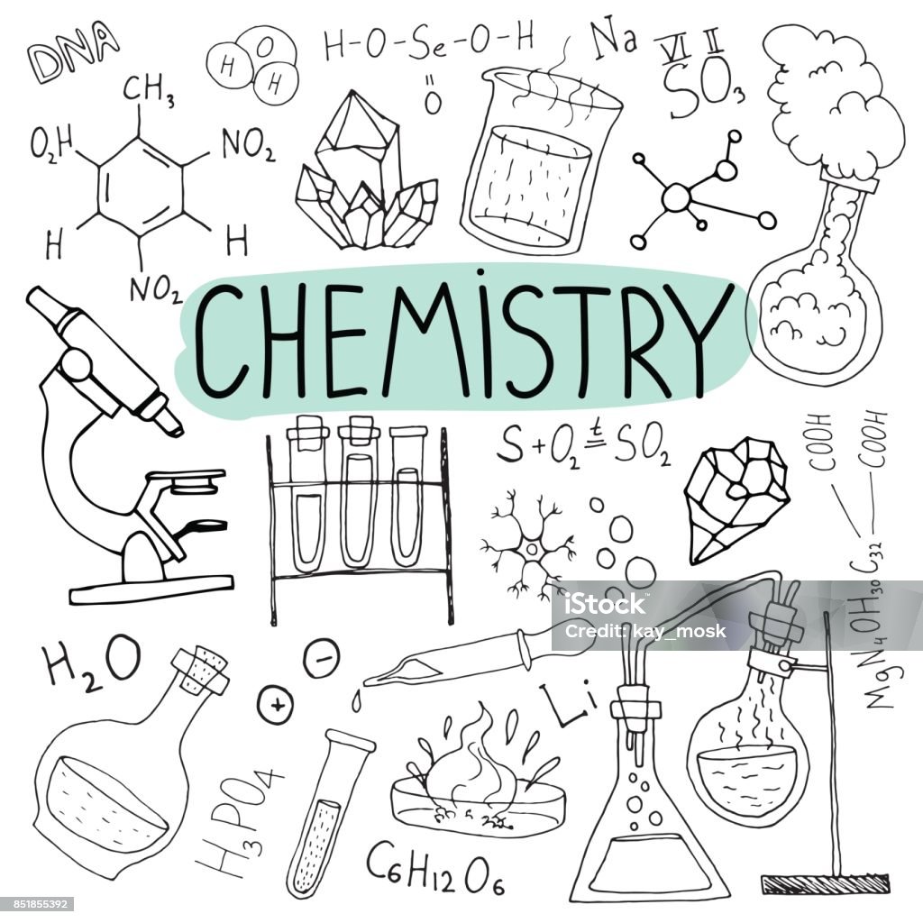 Chemie-Kritzeleien. Handgezeichnete Wissenschaft Hintergrund. Zurück zu Schule Abbildung. - Lizenzfrei Gekritzel - Zeichnung Vektorgrafik