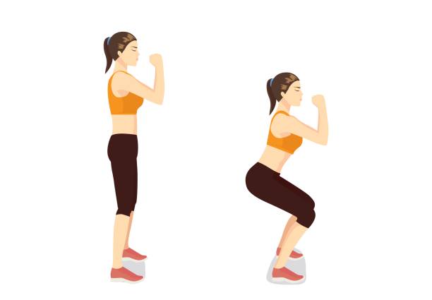 ilustrações de stock, clip art, desenhos animados e ícones de correct step to doing workout with squat posture. - bending knees