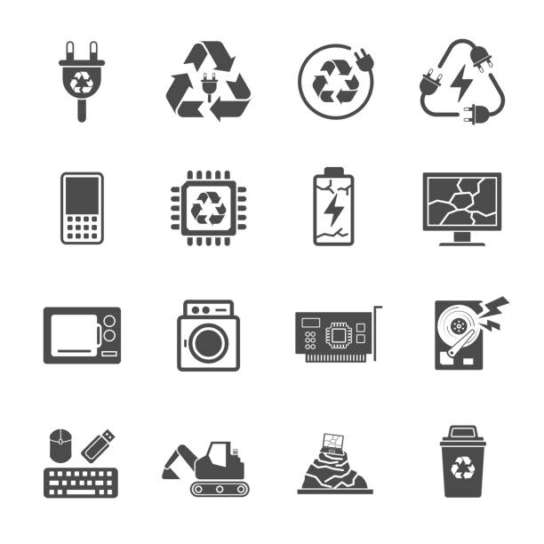 e-müll müll, recycling, enthält ikonen wie elektronikschrott, monitor, telefon, akku und vieles mehr. - elektroschrott stock-grafiken, -clipart, -cartoons und -symbole