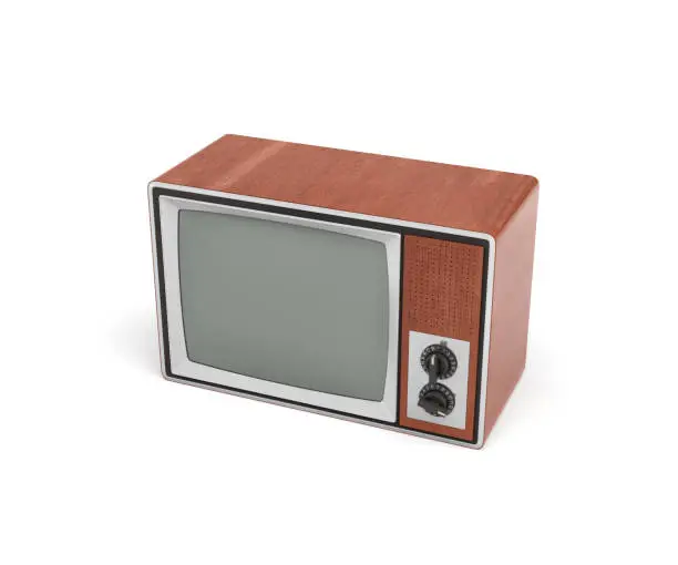3d rendering of a turned-off retro TV with a big screen and two rotary switches. TV shows. Old-school appliances. Retro interior.