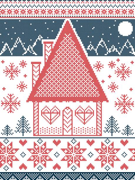 bildbanksillustrationer, clip art samt tecknat material och ikoner med nordisk stil och inspirerad av skandinavisk jul mönster och hantverk i korsstygn i röd, blå, vit inklusive pepparkakshus, julgran, stjärnor, snöflinga, hjärtat, bergen, måne - winter wonderland