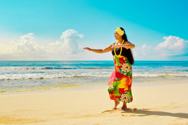 ビーチでハワイアンのフラ ・ ダンサーの肖像画 - hula dancing ストックフォトと画像